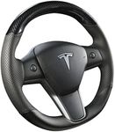 TIMWIND Tesla Steering Wheel Cover Microfiber Leather Hand-Stitched for Tesla Model 3/Model Y (Black-Breather Hole)