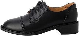 Women's Perforated Classic Lace-up Oxfords Brogue Wingtip Round Toe Derby Saddle Leather Shoes for Women Girls Lady Wife, Black-6, 6.5