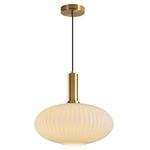 KCO Lighting 1-Light Large Milk Glass Pendant Light Fixture Vintage White Ribbed Glass Pendant Light Farmhouse Striped Glass Pendant Light Brass Gold Single Pendant Lighting Kitchen Island, L1143-W