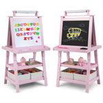 HONEY JOY Kids Art Easel, 3-in-1 Double-Sided Wooden Storage Toddler Easel w/Magnetic White Board & Chalkboard, Paper Roll, Painting Dry Erase, Easel for Kids Boys Girls Aged 3+ (Pink)