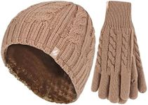 Heat Holders - Ladies thermal winter outdoor fleece insulated hat and gloves set (Beige, M/L)