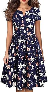 YATHON Women's Vintage Pleated Flared Swing A-Line Casual Party Work Dresses, Yt028-navy Floral 01, Small