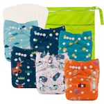 babygoal Baby Reusable Cloth Diapers 6 Pack+6pcs Rayon from Bamboo Inserts+Wet Bag, One Size Adjustable Washable Pocket Nappy Covers for Boys 6FB41-MB-CA