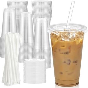 Dealusy 100 Pack - 20 oz Clear Plastic Cups with Lids and Straws, Sturdy & Food Safe Iced Coffee Cups with lids, Iced Coffee Cup, Disposable Cups Plastic Coffee Cups Smoothie Cups for Cold Drinks