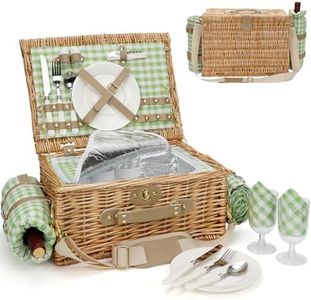 Picnic Basket for 2, Insulated Willow Picnic Baskets with Shoulder Strap, Picnic Hamper with Waterproof Picnic Blanket, Handmade Wicker Hamper for Outdoor Camping, Green Check