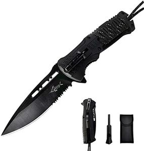 XIPHIAS EDC Stainless Steel Folding Pocket Knife Multitool Knife with LED Light,Magnesium Fire Starter,Whistle,Paracord,Pocket Clip and Knife Pouch Survival Camping FK039-BC (BLACK)