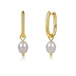 Pearl Drop Earrings 925 Sterling Silver Pearl Hoop Earring Handpicked Baroque Pearls Earrings 14k Gold Plated Freshwater White Pearl Dangle Vintage Huggie Earrings for Women