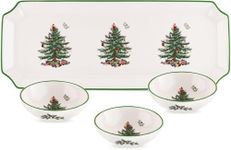 Spode Christmas Tree Rectangular Tray with Dipping Dishes, 4 Piece Holiday Serveware Set - Dip Bowls for Sauces, Nuts, Candy, Condiments - Fine Earthenware, Dishwasher Safe - Entertaining Essential