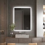 furduzz Illuminated Backlit LED Bathroom Mirror, 600x450mm Wall Mounted Multifunction Bathroom Vanity Mirror with Touch Button 3 Colour Light Dimmable Anti Fog Make Up Mirror, Vertical/Horizontal