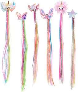 Ideal Swan Unicorn Hair Extensions Clip for Children - 6 Sets Colored Curly Clips， Cute Accessories Kids Girls， Rainbow Thick Wig in Fake Bangs (Straight Hair 01)