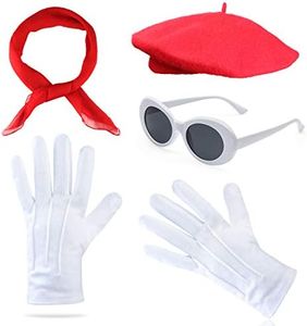 Beelittle Womens Costume Accessories - French Beret Hat,50s Sheer Chiffon Scarf,Deluxe Theatrical Gloves,White Clout Goggles Retro Oval Sunglasses (Red)