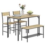 HOMCOM 4 Piece Dining Table and Chairs Set, Industrial Kitchen Table Set of 4 with 2 Chairs and Bench, Space Saving Table and Chairs with Shelf for Small Spaces, Natural Wood Effect