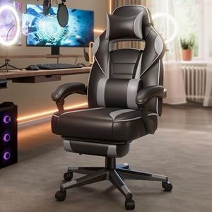 SONGMICS Racing Gaming Chair, Adjustable Office Chair with Footrest, Ergonomic Design, Headrest, Lumbar Support, 150 kg Weight Capacity, Ink Black and Dove Grey OBG073BH08