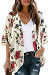 Kimono Cardigans for Women Floral Print 3/4 Sleeve Loose Cover Up Casual Blouse Tops (Beige,XL)