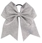 Glitter Cheer Bows - Cheerleading Softball Gifts for Girls and Women Team Bow with Ponytail Holder Complete your Cheerleader Outfit Uniform Strong Hair Ties Bands Elastics by Kenz Laurenz (1) (Silver)