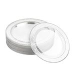 MATANA 20 Premium Clear Hard Plastic Dinner Plates with Hammered Silver Rim, 26cm / 10 Inch - Elegant & Reusable Party Plates for Weddings, Birthdays, Picnic, BBQ, Parties