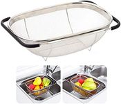 AJIODA Over The Sink Colander, 6 Quarts Stainless Steel Oval Colander with Expandable Rubber Grip Handle, Fine Mesh Strainer Baskets Kitchen Colander for Strain, Drain, Rinse Vegetables, Fruits, Black