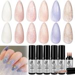 Lavender Violets Jelly Gel Nail Polish Set, 6 Transparent Milky White Pink Light Blue Purple Glitter Shimmer Colors Sheer U V Gel Polish for Salon Gel Manicure and Nail Art DIY at Home C205