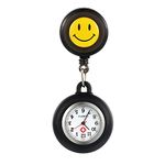 Women Girl's Nurse Watches Clip-on Hanging Lapel Silicone Jelly Fob Pocket Watch Cute Cartoon Smile Round Face Arabic Markers for Doctor - Black