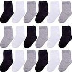 Duufin 18 Pairs Toddler Crew Socks Kids Mid Cut Half Cushion Socks Breathable Unisex Toddler Socks for Baby Girls and Boys, Black White Grey, 2-4 Years