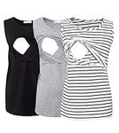 Smallshow Women's Sleeveless Maternity Nursing Clothes Breastfeeding Tank Tops 3-Pack Black-Light Grey-White Stripe L