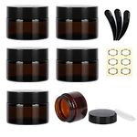 Yalbdopo 6Pcs 10ml / 10g Empty Amber Glass Cosmetic Sample Containers with Black Plastic Lids and Inner Liners - Refillable Mini Travel Pot Jars for Makeup Face Creams Lip Balm Lotion Beauty Nails