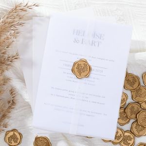 UNIQOOO 50 Sets Pre-Folded Vellum Jackets for 5x7 Invitation & Gold Eucalyptus Wax Seal Stickers, Wedding Invitations Wraps Bulk for Wedding Bridal Baby Shower Envelopes