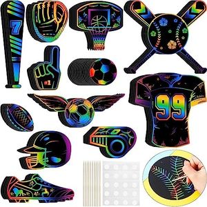 Qilery 70 Pcs Sports Scratch Off Papers Crafts Sets with Wooden Stylus and Ribbons Sports Ball Rainbow Paper Scratch Pad for Kids, DIY Arts and Crafts Supplies for Football Party Project Decoration