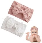 2 Pcs Baby Headband，Pink and White Baby Turban Headbands，Girl Bows Headband Cute Accessories for Newborns and Toddlers