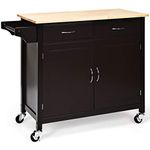 COSTWAY Kitchen Storage Trolley, Rolling Kitchen Island Cart with Rubber Wood Countertop, Adjustable Shelf, 2 Drawers & Towel Rack, Home Restaurant Dining Room Utility Organiser Sideboard (Dark Brown)