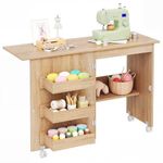 Flrrtenv Folding Sewing Table Multipurpose Craft Station & Side Desk with Compact Design, Wheels, Shelves, Bins, Pegs, Magnetic Doors, Metal Doorknobs - Natural