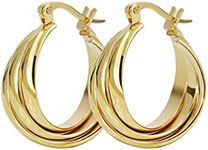 NewZenro Three Hoops Flat Stainless Steel 14K Yellow Gold Fashion Wide Chunky Hoop Earrings for Women Sensitive Ears Dainty Thick Huggie Hoops Piercing Click Top Hypoallergenic Sensitive Ear Delicate Jewerly Gifts for Birthday Bff