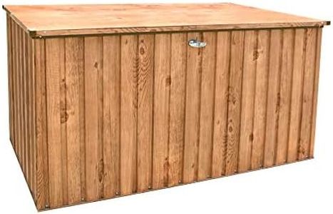 Duramax DH 1.9 Metal Cushion Box (1450 L) with Hydraulic Gas Cylinder & Padlock Eye, Outdoor Deck Box and Garden Furniture Organizer, Woodgrain & Brown Trimmings