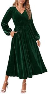 ZESICA Women's Velvet Midi Dress Casual V Neck Long Sleeve Solid Color Elastic High Waist Flowy Evening Party Dresses, Green, Medium