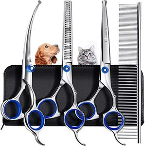 Gimars 5 in 1 Dog Grooming Scissors Kit, Professional 4CR Stainless Steel Dog Scissors with Safety Round Tip for grooming, Titanium Coated Sharp and Heavy-duty Dog Grooming Shears - Blue