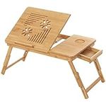 SONGMICS Bamboo Laptop Desk, Foldable Bed Table, Height Adjustable Sofa Tray, with 5 Tilting Angles, Air Holes, Small Drawer, 55 x 35 x (21 - 29) cm LLD002