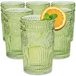 Vintage Textured Sage Green Striped Drinking Glasses Set of 6, Ribbed Flower Design, 13 oz Cocktail Water Tumblers Glassware Set