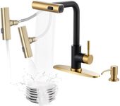 iVIGA Waterfall Kitchen Faucet with Soap Dispenser: Black and Gold Kitchen Faucet with Pull Down Sprayer 3 Modes(Waterfall/Stream/Sweep), Stainless Steel Kitchen Faucets for Sink with Deck-Plate