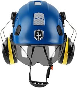 GREEN DEVIL Schutzhelm Arbeitshelm mit klarem Visier und Gehörschutz Ohrenschützer Einstellbarer ABS Sicherheitshelm Belüfteter Bauhelm mit EN 397 Industriehelm (Smoke Visor Blau)