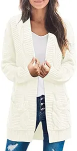 MEROKEETY Women's 2024 Long Sleeve Cable Knit Cardigan Sweaters Open Front Fall Outwear Coat, White, X-Large