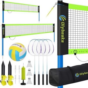 Portable Volleyball & Badminton Combo Net Set for Backyard Beach with 20ft and 32ft Net, Adjustable Poles, PU Volleyball, Aluminum Rackets and Carry Bag, Quick Setup & Durable