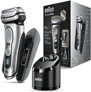 Braun Electric Razor for Men, Waterproof Foil Shaver, Series 9 Pro 9477cc, Wet & Dry Shave, with Portable Charging Case, ProLift Beard Trimmer, 5-in-1 Cleaning & Charging SmartCare Center, Silver