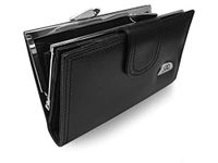 Quenchy London Ladies RFID Blocking Real Leather Purse - 8 Credit Card Protected Spaces Slots with Button Closure - Large Metal Clasped Framed Coin Section - 14cm x9 x2.5 Black QL439K