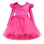 Flofallzique Girls Tulle Dresses Long Sleeves Baby Velvet Dress Toddler Birthday Party Easter Clothes(7,Hot Pink)