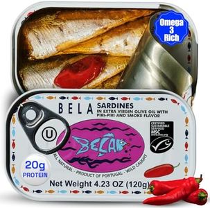 BELA Wild Caught Portuguese Sardines - Lightly Smoked and Marinated in Piri Piri Flavored Extra Virgin Olive Oil | 4.25 Oz (Pack of 1) | All Natural, High Protein, Hand Selected, Sea Salted, & Omega 3 Rich