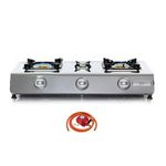 NJ NGB-300 Portable Gas Stove 3 Burner 70cm Durable Cooktop Camping Outdoor 8kW LPG Regulator Set (Propane 37mbar Clip-on 27mm)