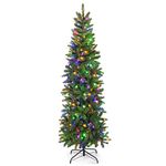 HAPPYGRILL 6FT Pre-Lit Artificial Christmas Tree with 648 Tips, 270 LED Lights, 10 Lighting Modes, Hinged Slim Pencil Xmas Tree for Office Home School Party