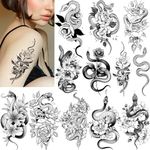 Tazimi Snake Temporary Tattoos 12 Sheets 3D Black Realistic Snake Rose Floral Tattoos Stickers Large Sexy Flower Serpent Fake Tattoo Stickers Body Art Decorations