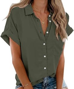 Beautife Womens Short Sleeve Shirts V Neck Collared Button Down Shirt Tops with Pockets, Army Green, Medium