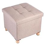 BRIAN & DANY Foldable Storage Ottoman Cube, Foot Stool with Wood Legs, Linen Ottoman with Storage for Living Room and Bedroom 15"x15"x15" - Beige